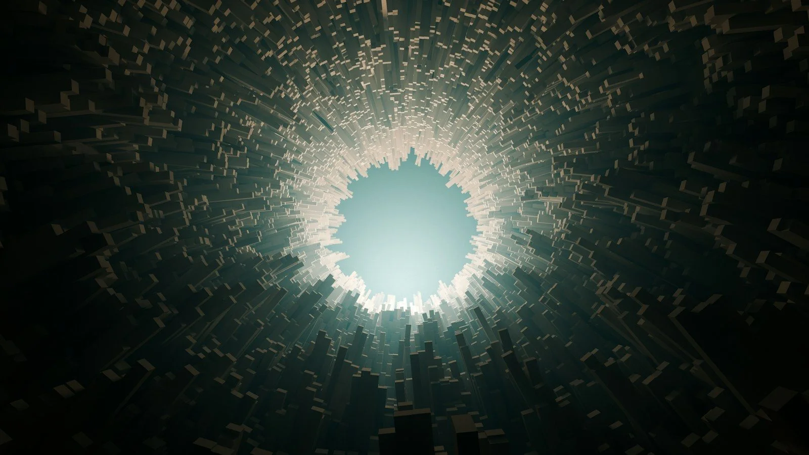 A dark tunnel of extruded rectangular blocks surrounding a bright central light source