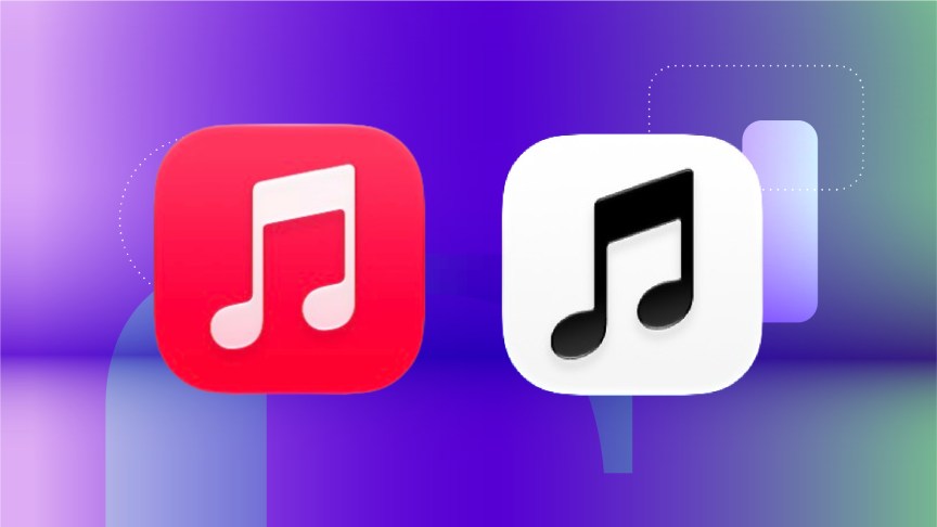 Two versions of the Apple Music app. The one on the left is reddish while the one on the right is white and black.