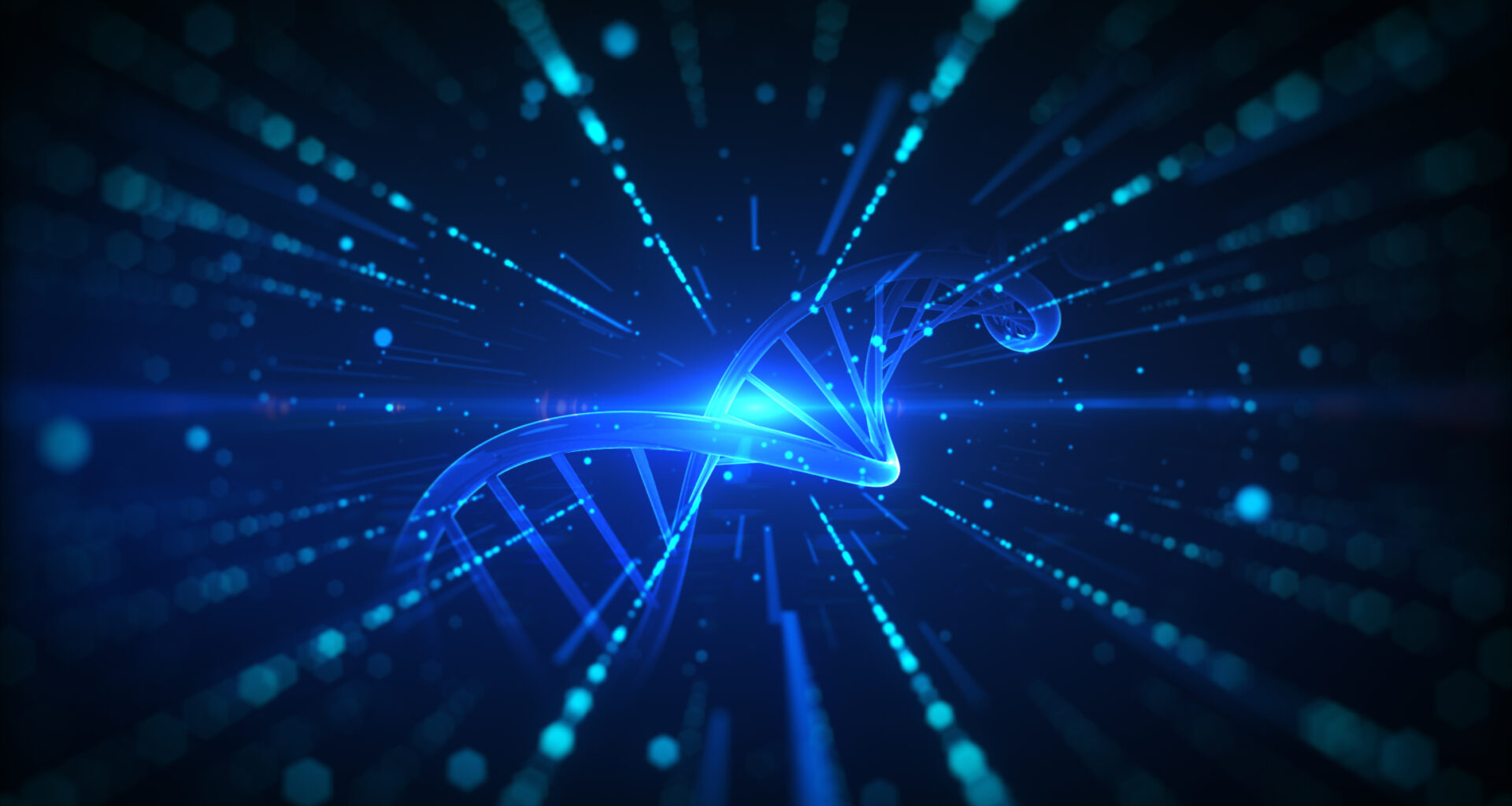 A DNA strand in a speed-tunnel-like graphic.