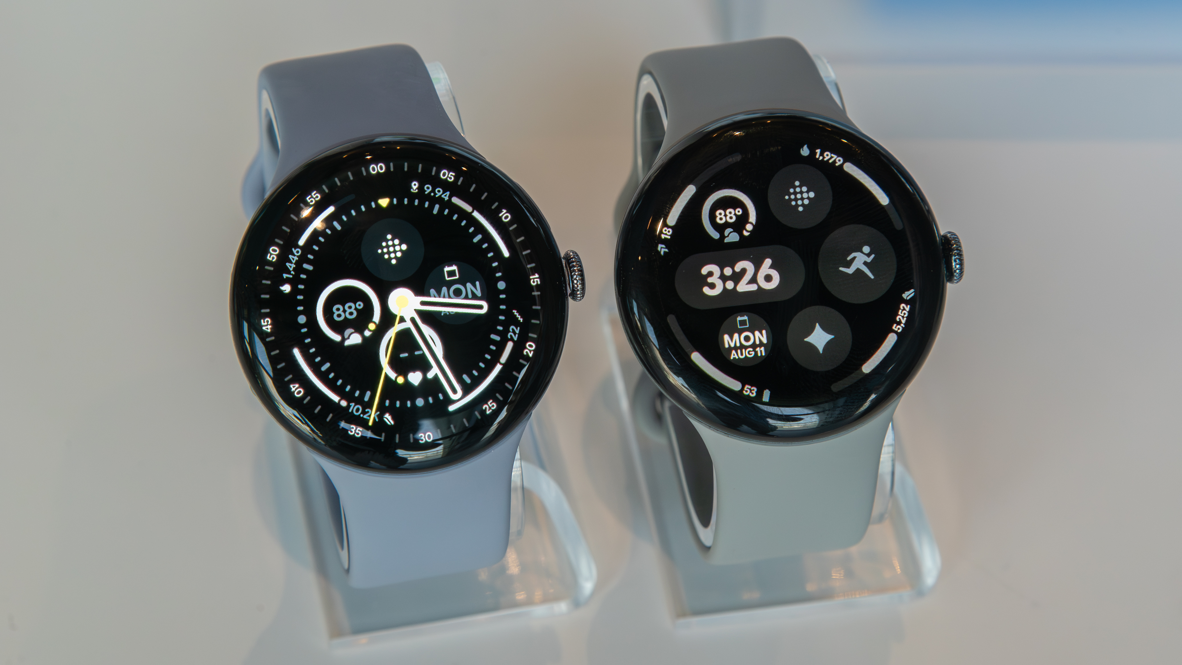 Pixel Watch 4 (left) next to the Pixel Watch 3 (right)