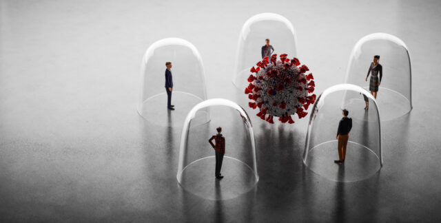 Workers around a COVID germ