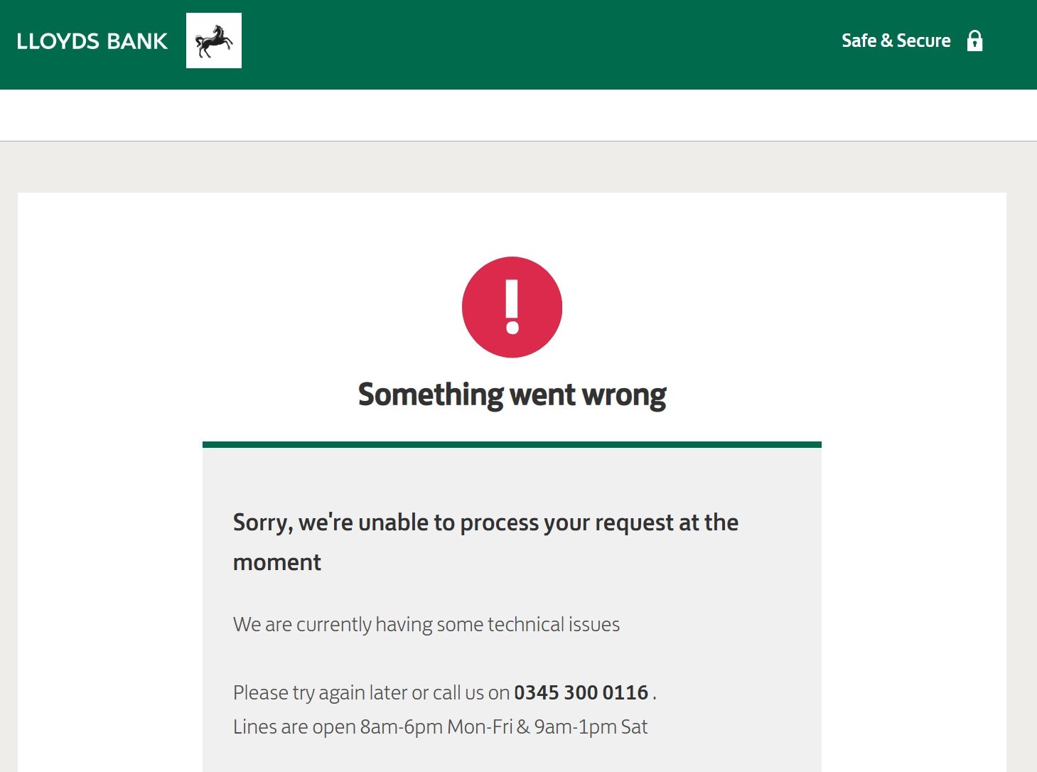 Screengrab of the Lloyds Bank website displaying an error message "Something went wrong" and "Sorry, we're unable to process your request at the moment".