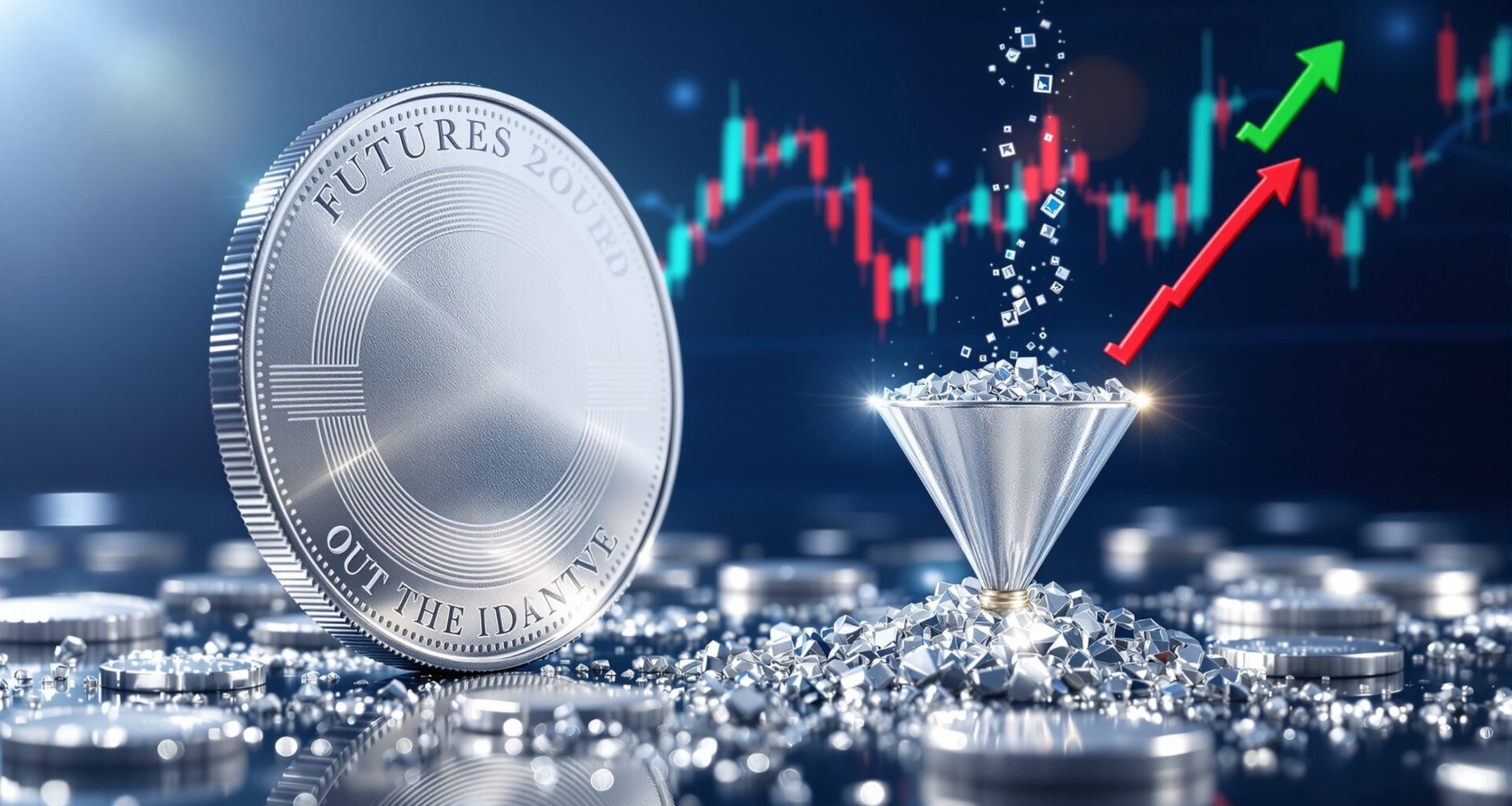 Silver backwardation concept with coins and graph.