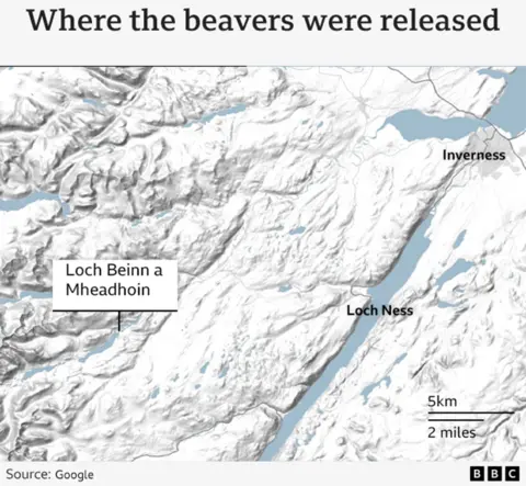 A map of the Highlands showing the locations of Loch Beinn a Mheadhoin, Loch Ness and Inverness.