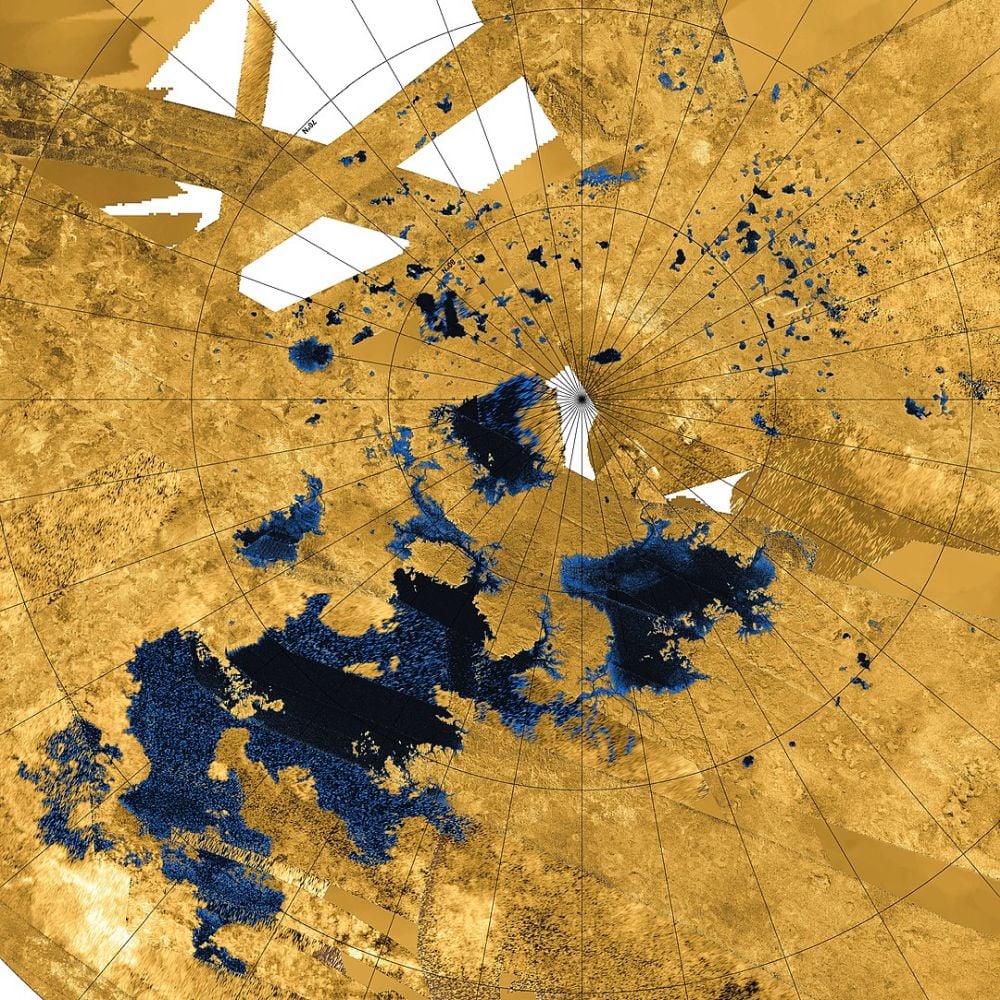 This Cassini radar image shows liquid hydrocarbon lakes, seas, and tributaries on Titan. It's the only other world besides Earth with liquid flowing on its surface. Image Credit: By NASA / JPL-Caltech / Agenzia Spaziale Italiana / USGS - http://photojournal.jpl.nasa.gov/catalog/PIA17655, Public Domain.