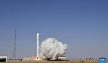 The Lijian-1 Y8 carrier rocket with three satellites blasts off from a commercial aerospace innovation pilot zone in northwest China, Oct. 19, 2025. China on Sunday launched the Lijian-1 Y8 carrier rocket with three satellites onboard. The rocket blasted off at 11:33 a.m. (Beijing Time) from a commercial aerospace innovation pilot zone in northwest China and successfully sent the satellites into the planned orbit. The three satellites are Pakistan remote-sensing satellite (PRSS-2), AIRSAT 03 and 04 satellites. (Photo by Wang Jiangbo/Xinhua)