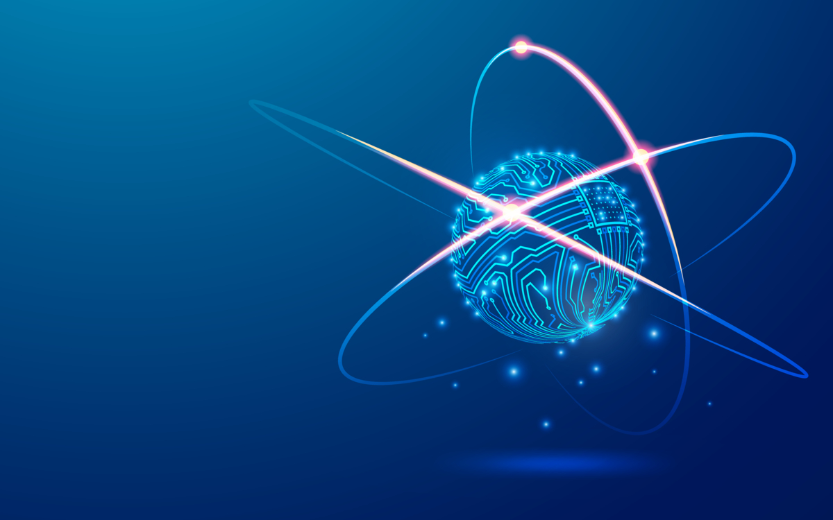 A nucleus that looks like a chip surrounded by electrons.