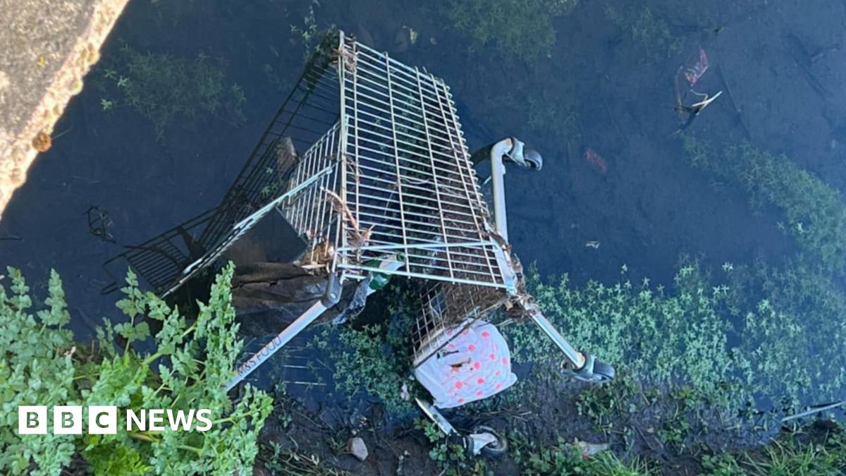 A trolley half buried in mud on the river Usk. the picture is taken through railings.
