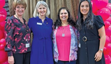 At breast cancer “tea” hosted by Menorah Life and Sharsheret program: Donna Perryman, Menorah Life CEO, Deborah Litwak from Sharsheret, survivor Laurie Reiskind and Nicole Spencer of Menorah Life.