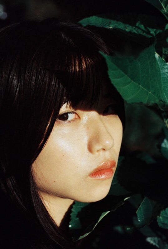 A person with long dark hair looks directly at the camera, their face partially shadowed and framed by large green leaves. Sunlight highlights their skin and creates a dramatic, moody atmosphere.