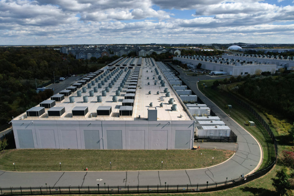 Aerial views of an Amazon Web Services Data Center known as US East 1 in Ashburn, Virginia