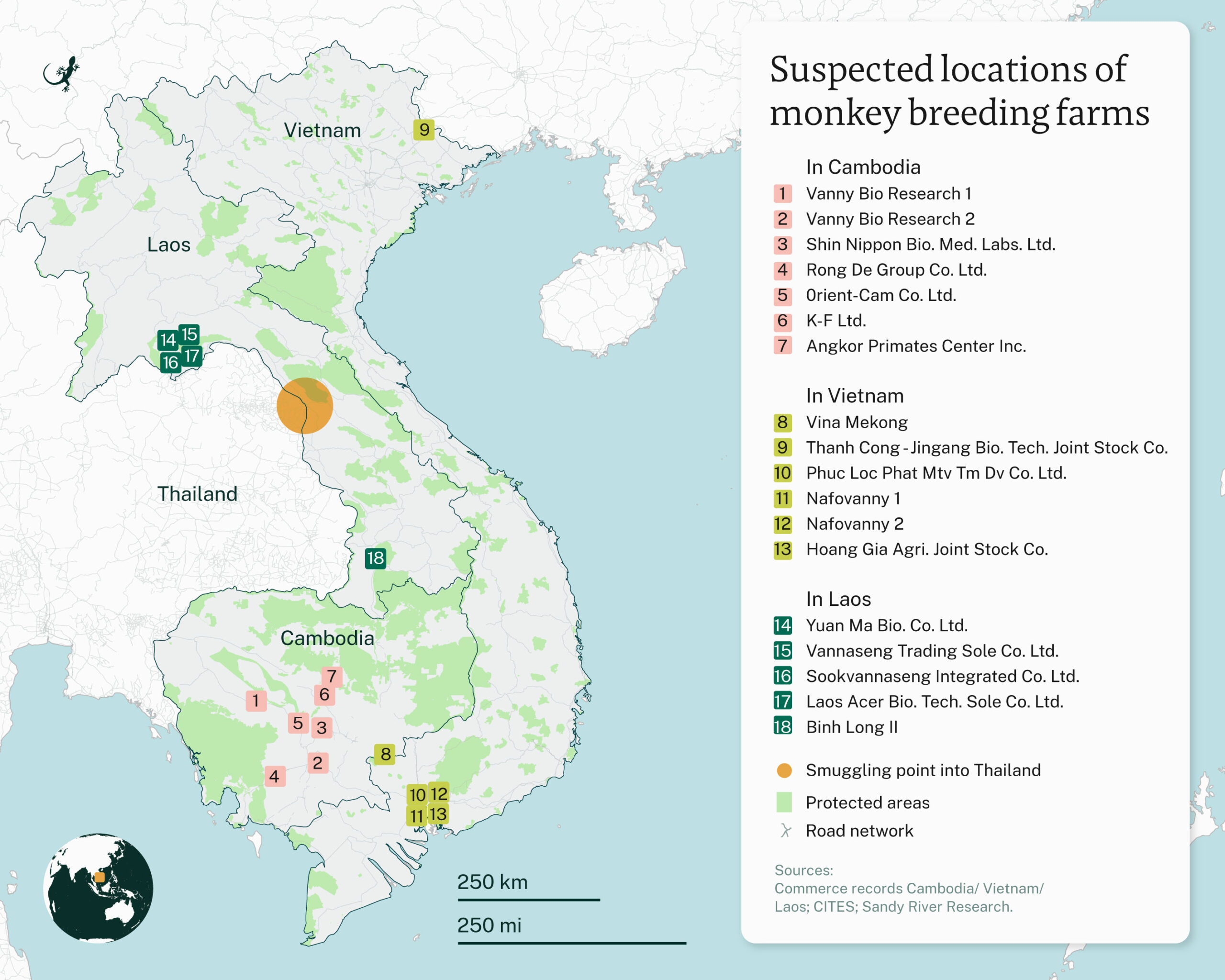 Using publicly available data, Mongabay was able to map out many of the suspected long-tailed macaque farms across Cambodia, Laos and Vietnam, as well as an established smuggling point in Thailand. Image by Andrés Alegría / Mongabay.