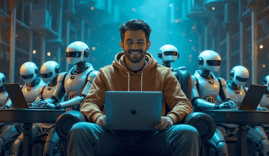 An AI image of a man sitting at a laptop with humanoid robots behind him.