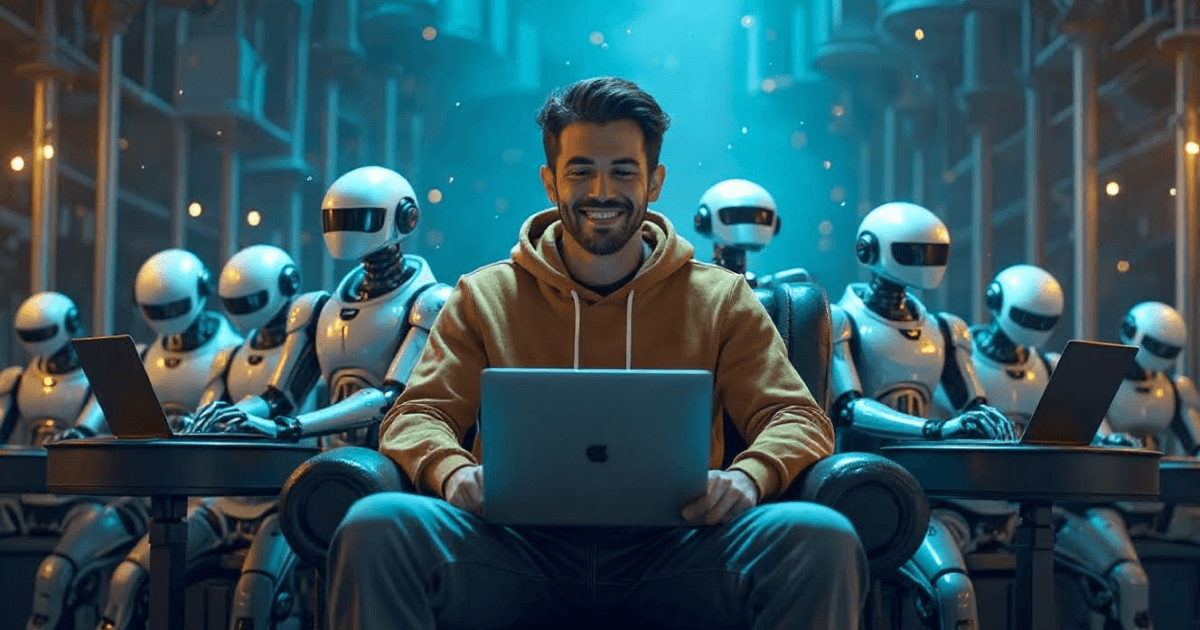 An AI image of a man sitting at a laptop with humanoid robots behind him.