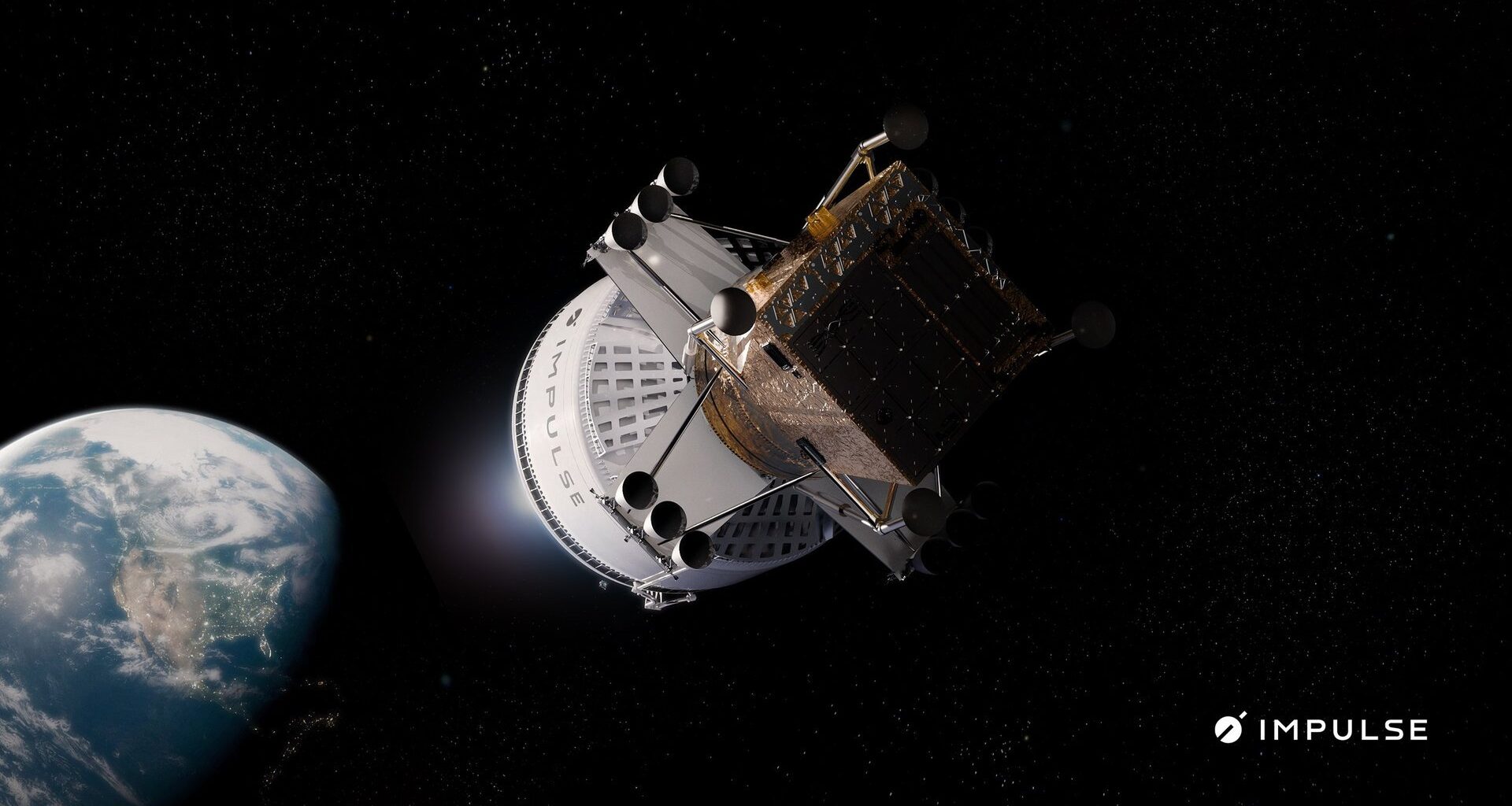 An artist's conception shows Impulse Space's lunar lander leaving Earth orbit as a payload on a Helios kick stage. (Credit: Impulse Space)