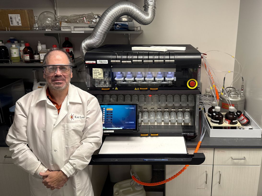 Michael Kay, a biochemist at the University of Utah who is focused on developing mirror image therapeutics, poses for a portrait at his lab on October 15.