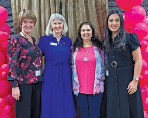 At breast cancer “tea” hosted by Menorah Life and Sharsheret program: Donna Perryman, Menorah Life CEO, Deborah Litwak from Sharsheret, survivor Laurie Reiskind and Nicole Spencer of Menorah Life.