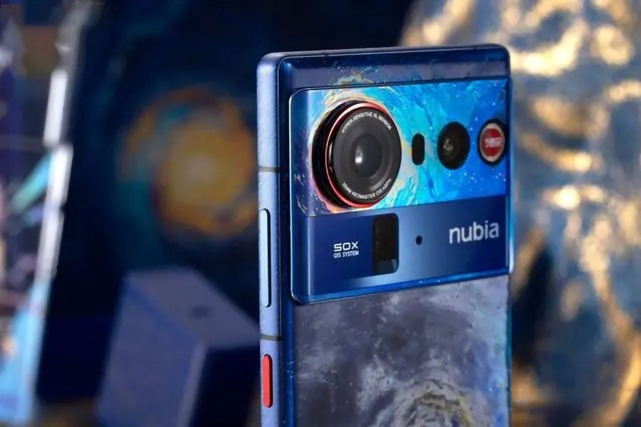 Nubia Z80 Ultra phone from up close with a panel imitating a Van Gogh painting.