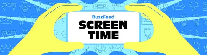 Illustration of hands holding a phone displaying "BuzzFeed Screen Time" on the screen, with abstract icons in the background