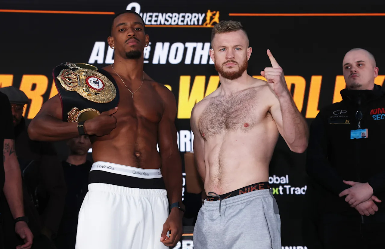 LONDON, ENGLAND - OCTOBER 24: Ezra Taylor and Steed Woodall pose ahead of the British and Commonwealth Light Heavyweight Title fight between Ezra Taylor and Steed Woodall during the All Or Nothing - Weigh In at Spitalfields Market on October 24, 2025 in London, England. (Photo by Richard Pelham/Getty Images)