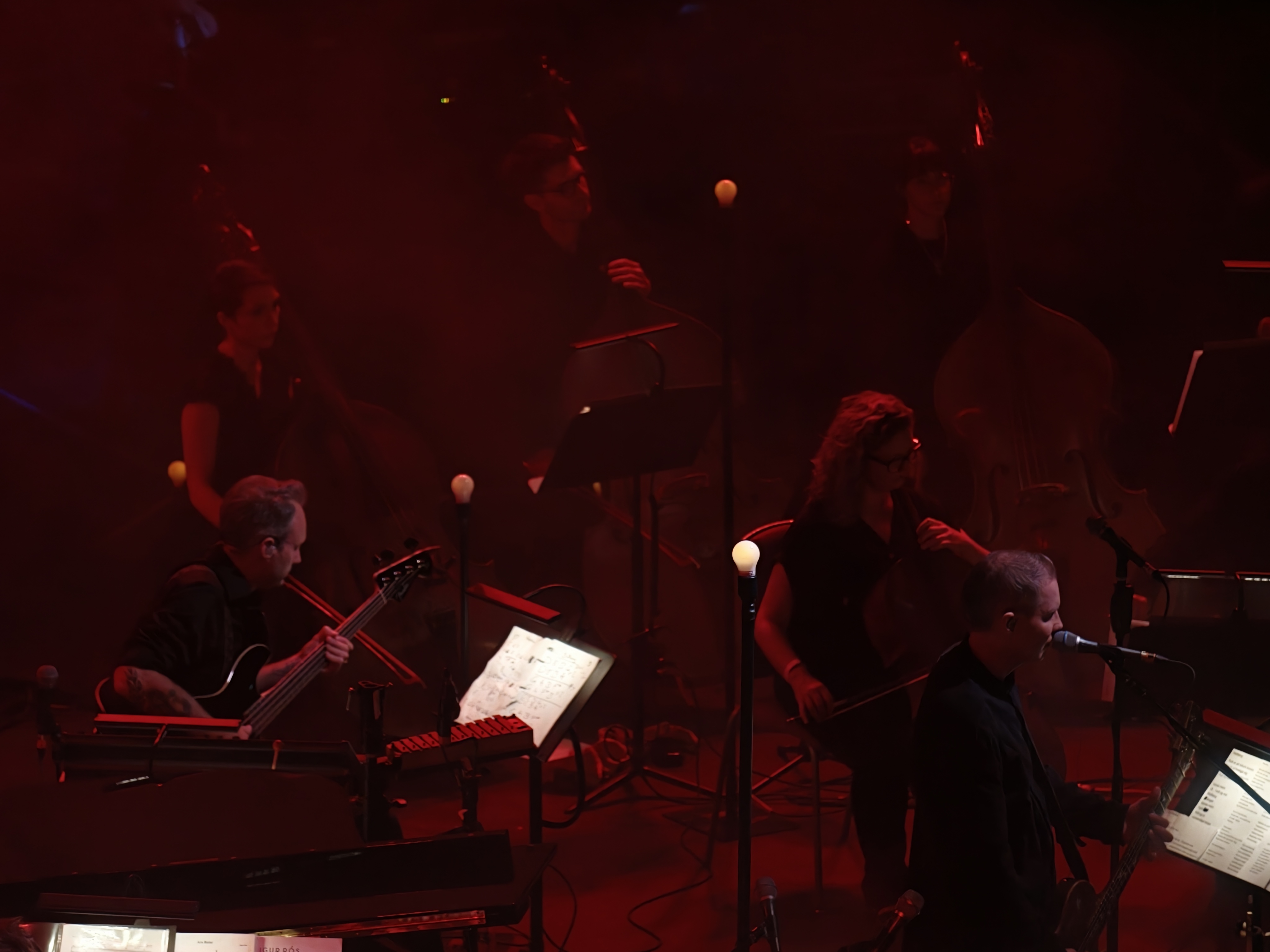 Various players in an orchestra lit in dim red light