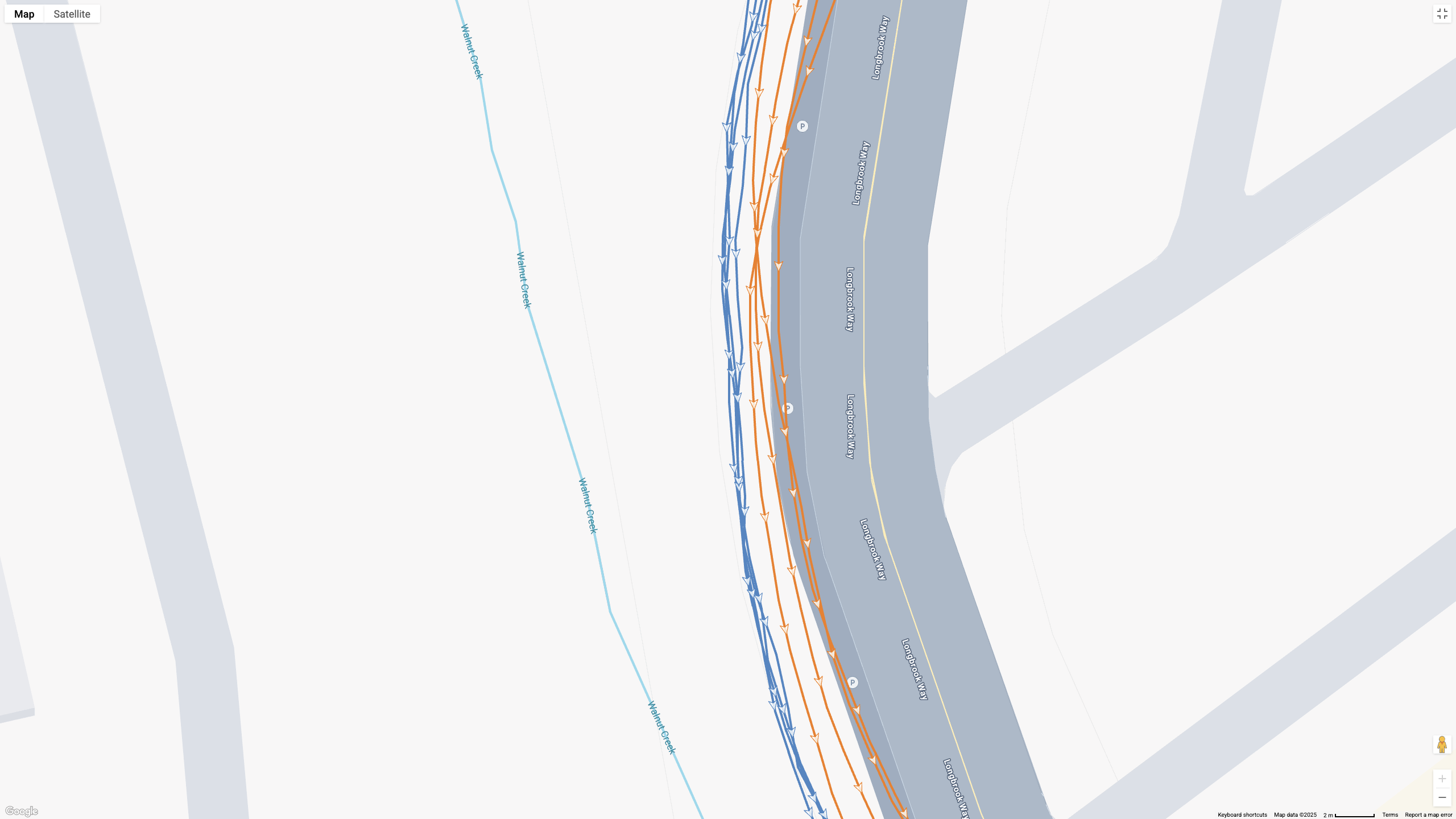 A Google Maps view showing GPS lines for the Google Pixel Watch 4 (orange) and Garmin Forerunner 970 (blue) and how they compare.