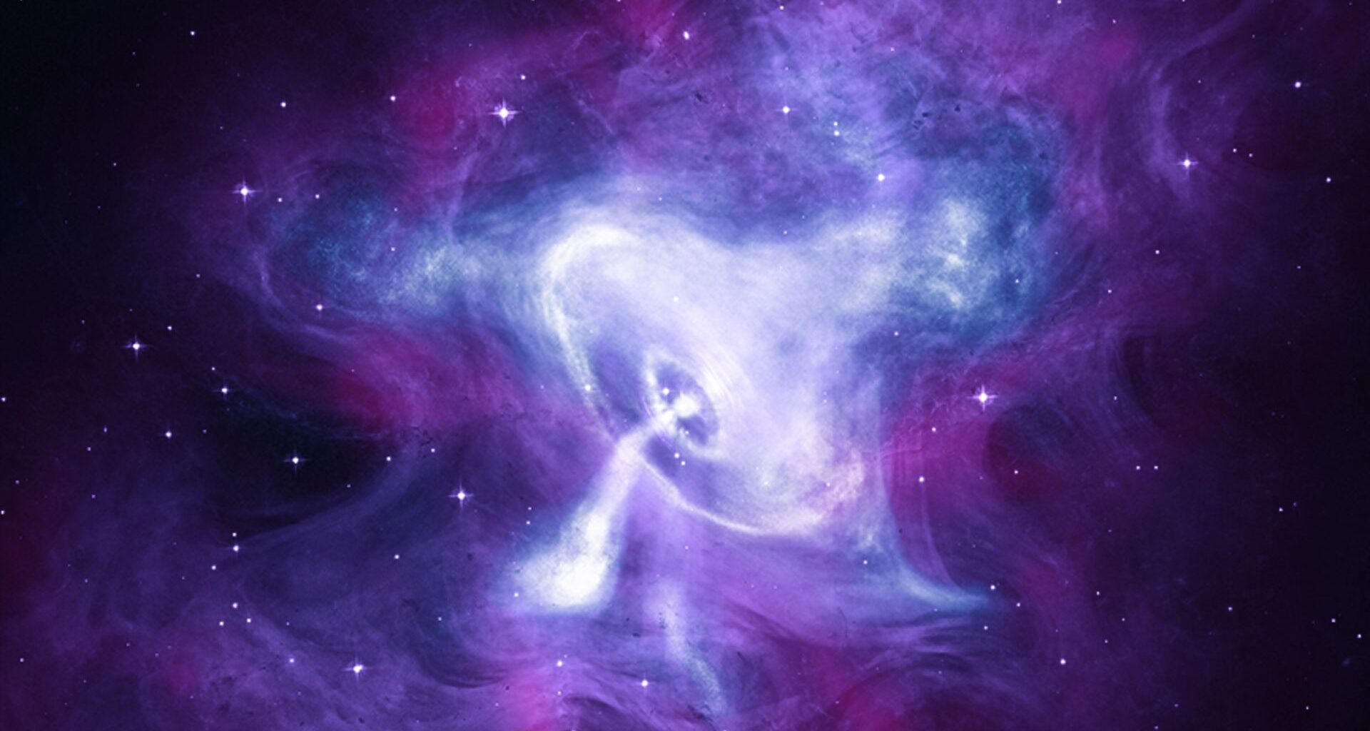 Glowing swirls of white symbolize a pulsar at the heart of clouds of blue and purple gas that show the Crab Nebula.