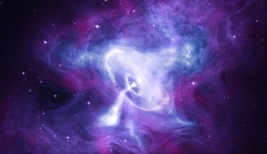 Glowing swirls of white symbolize a pulsar at the heart of clouds of blue and purple gas that show the Crab Nebula.