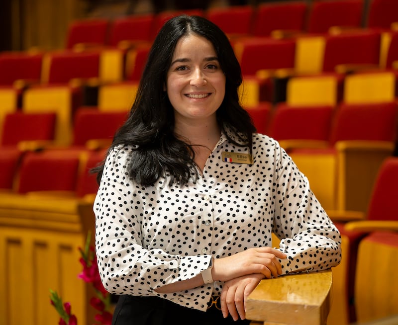 Elise Gauthier poses for a photo as global members of The Tabernacle Choir at Temple Square discuss their musical histories and how they feel about the opportunity to be members of the choir, during an interview in the Tabernacle in Salt Lake City on Tuesday, Sept. 23, 2025.