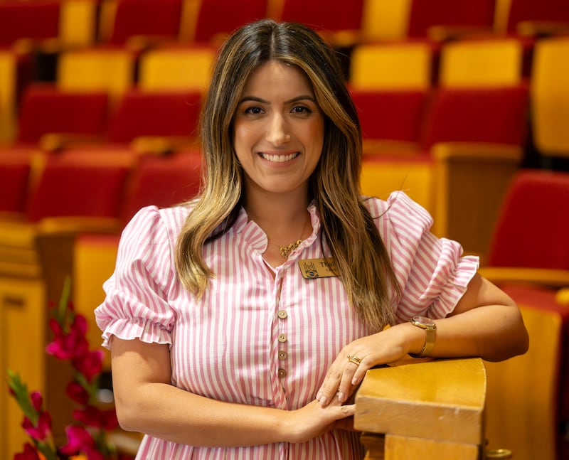 Thalita Carvalho poses for a photo as global members of The Tabernacle Choir at Temple Square discuss their musical histories and how they feel about the opportunity to be members of the choir, during an interview in the Tabernacle in Salt Lake City on Tuesday, Sept. 23, 2025.