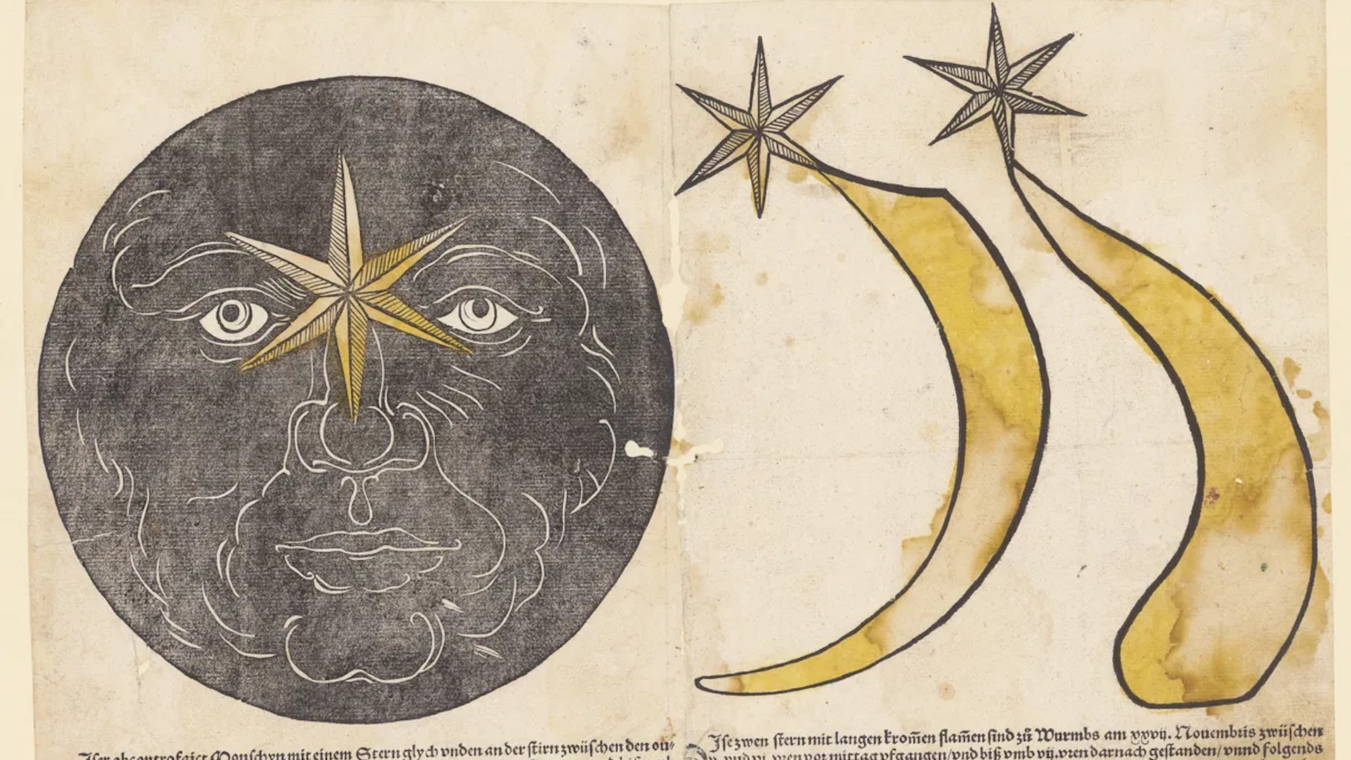 An old illustration of a moon with a face and a star in its center, with two stars with arc-shaped tails on its right
