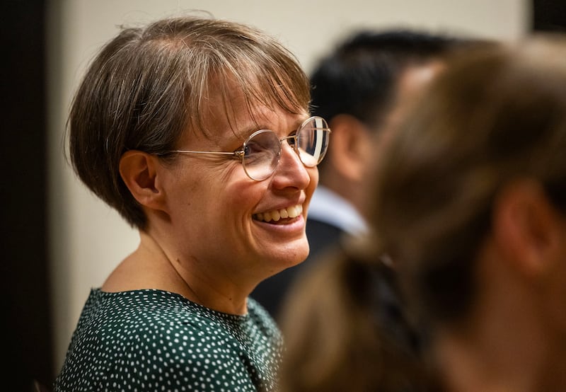Anna-Maria Karumo smiles as global members of The Tabernacle Choir at Temple Square discuss their musical histories and how they feel about the opportunity to be members of the choir, during an interview in the Tabernacle in Salt Lake City on Tuesday, Sept. 23, 2025.
