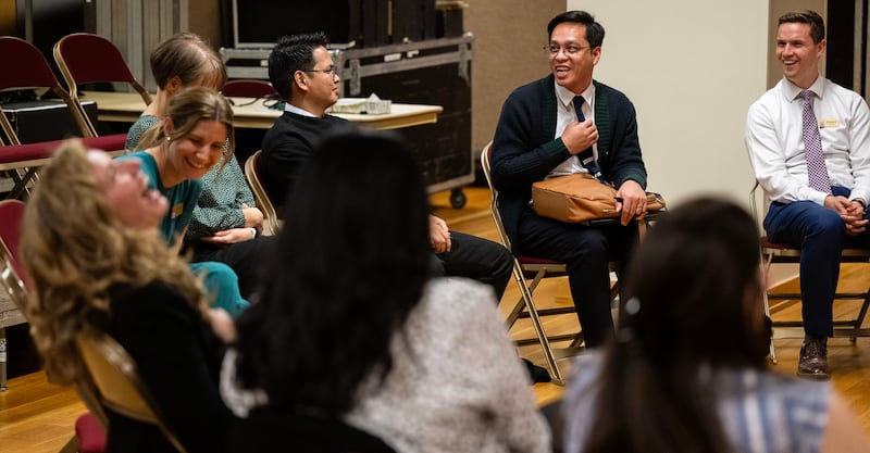 Global members of The Tabernacle Choir at Temple Square discuss their musical histories and how they feel about the opportunity to be members of the choir, during an interview in the Tabernacle in Salt Lake City on Tuesday, Sept. 23, 2025.