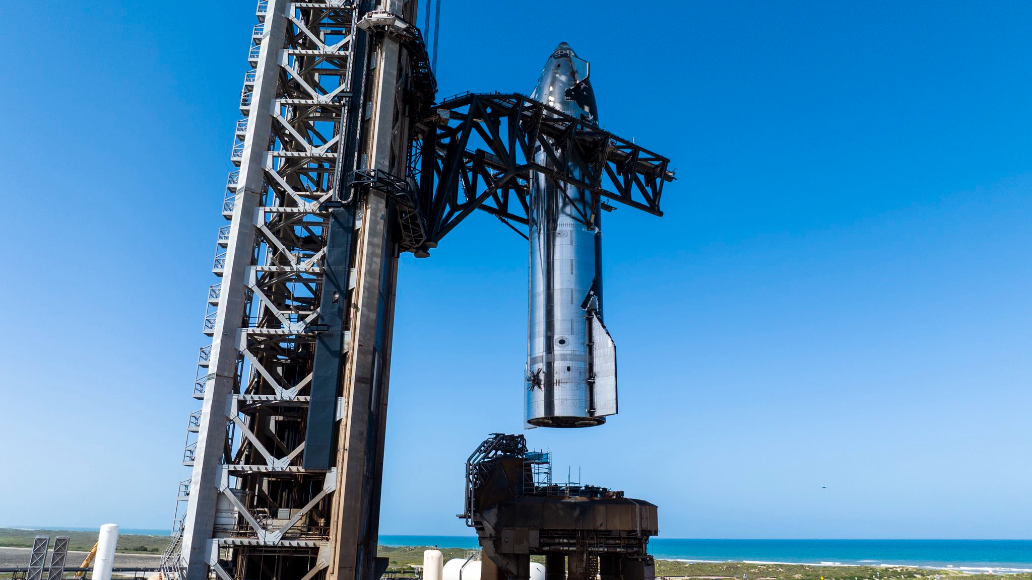 SpaceX moves its Flight 10 Starship upper stage to the pad at Starbase for testing. SpaceX posted this photo on X on July 28, 2025.