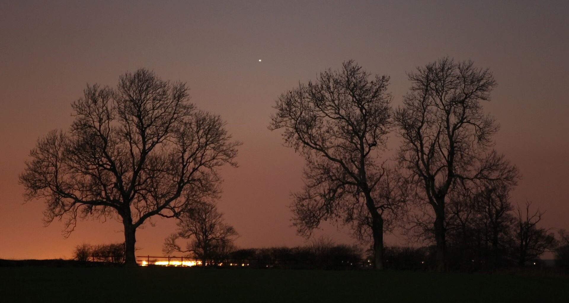 The planet Mercury appears as a point of light in the sunset sky. The glow of the setting sun is visible to the left close to the horizon as three leafless trees reach skyward.