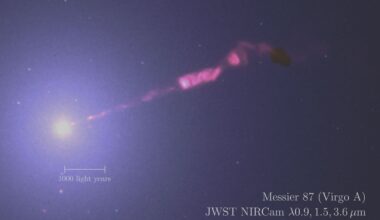 Infrared image of a pink jet of particles blasting out of a bright supermassive black hole