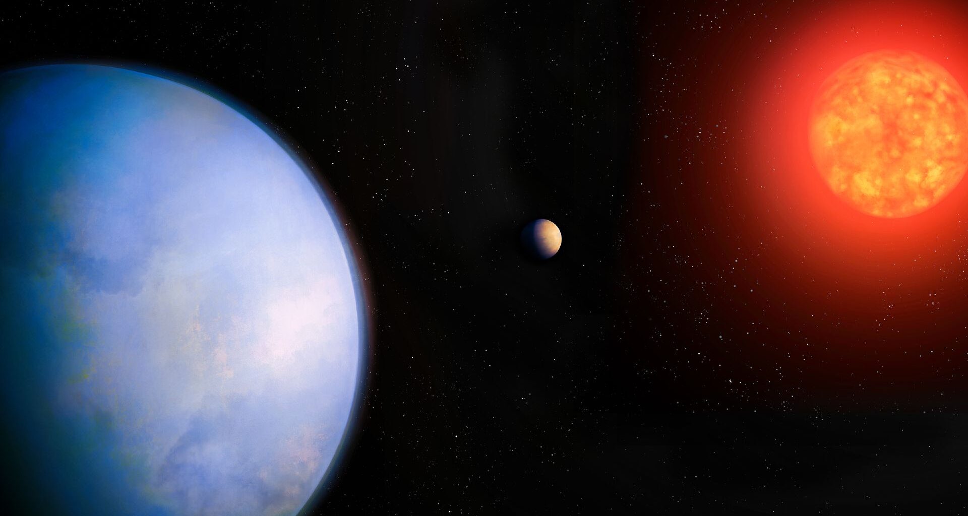 An illustration showing a blue planet in the bottom left corner with a bright red giant star in the top right corner