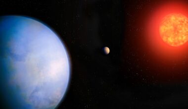 An illustration showing a blue planet in the bottom left corner with a bright red giant star in the top right corner