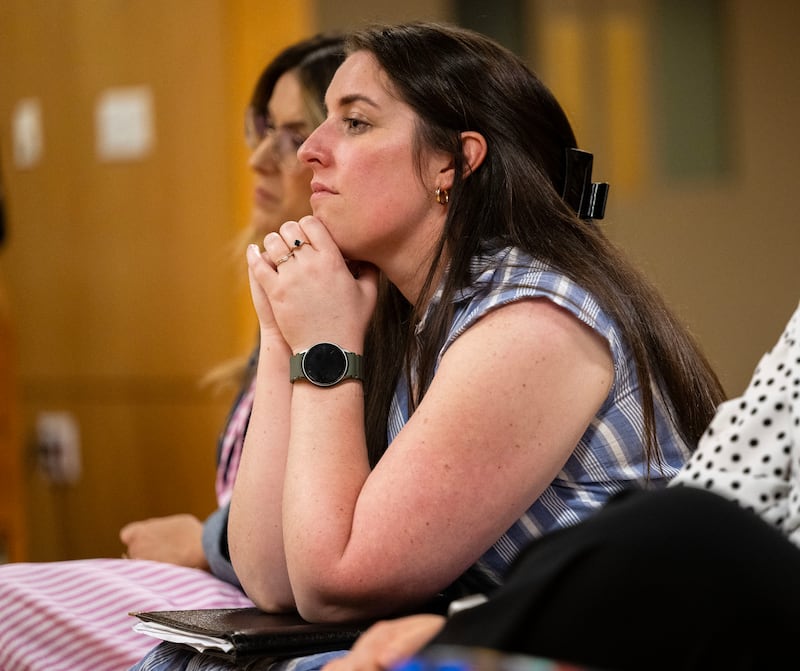 Celeste Temple listens as global members of The Tabernacle Choir at Temple Square discuss their musical histories and how they feel about the opportunity to be members of the choir, during an interview in the Tabernacle in Salt Lake City on Tuesday, Sept. 23, 2025.
