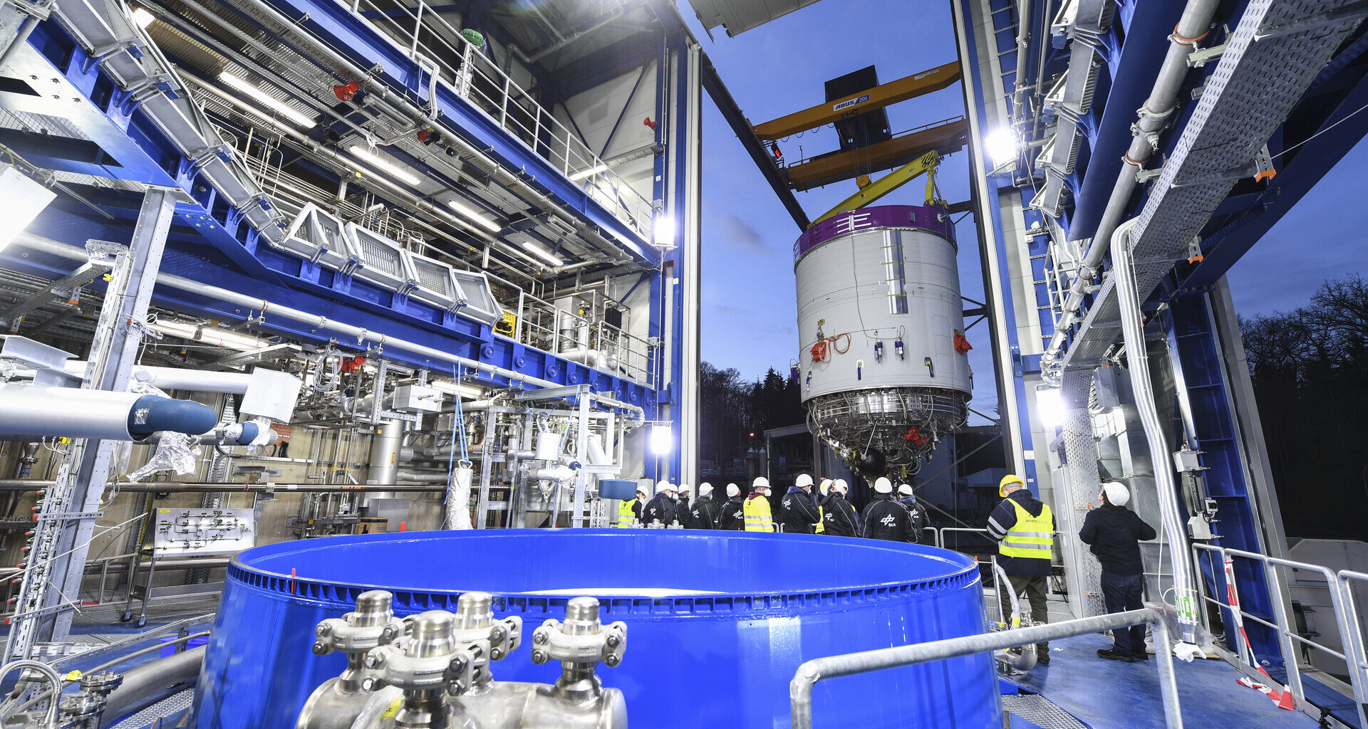 The Ariane 6 upper stage has been installed for tests at the DLR German Aerospace Center in Lampoldshausen, Germany