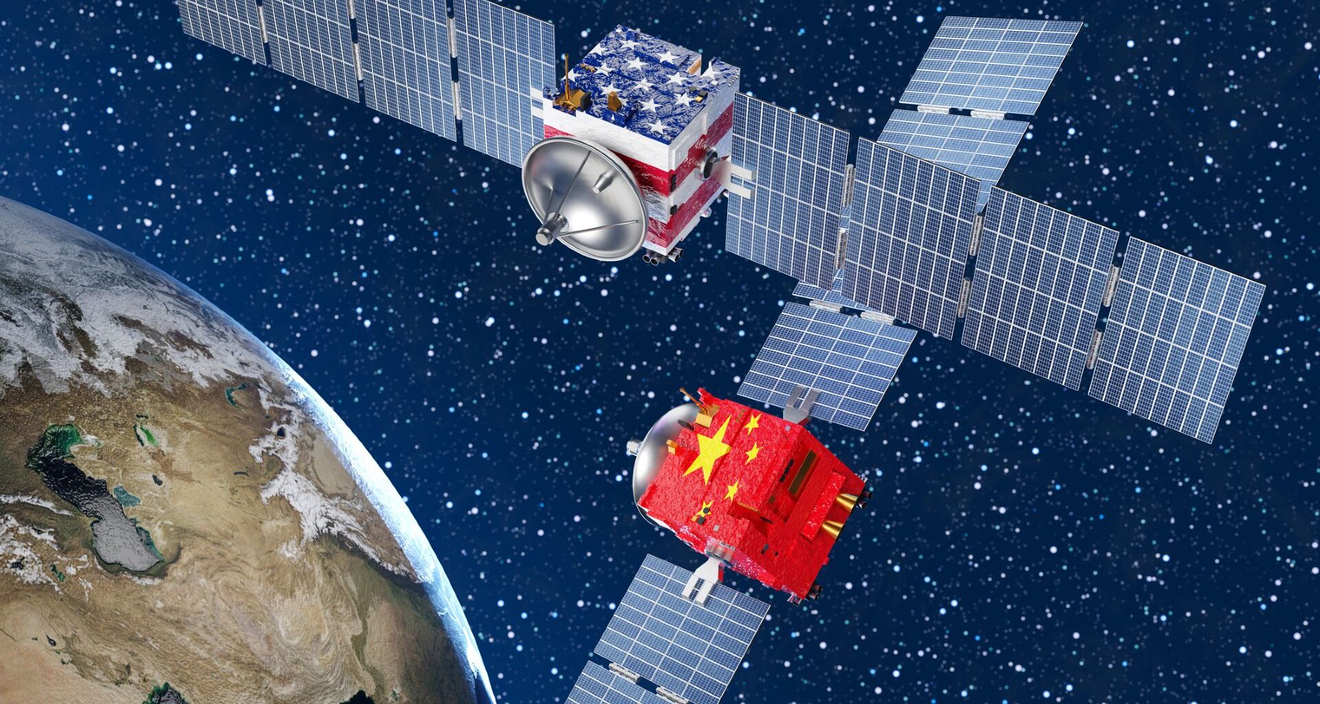 Two satellites with solar panels on either side, one with a USA flag and one with a Chinese flag, hover above Earth in this illustration