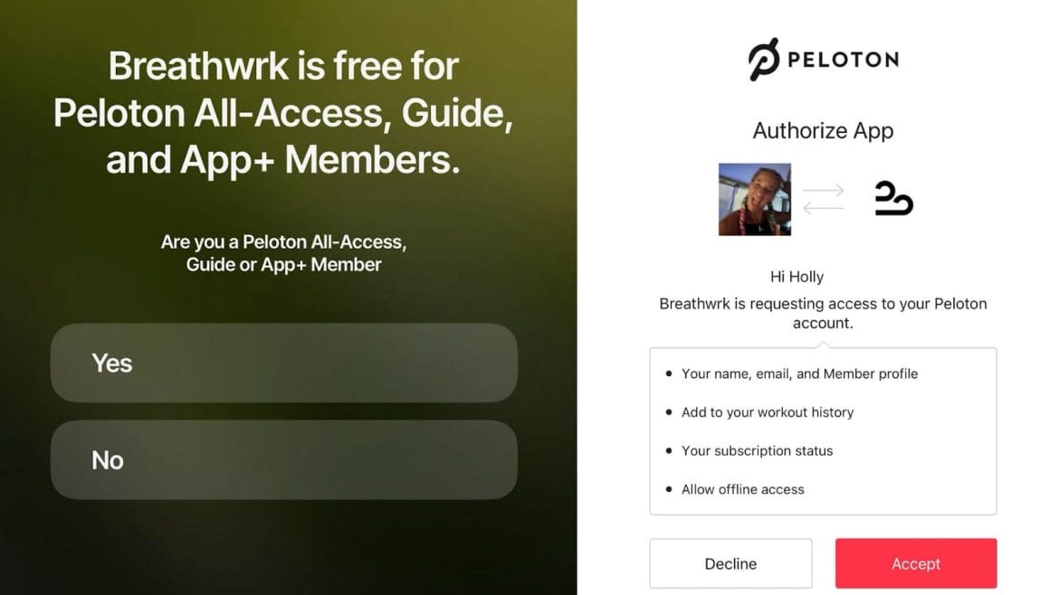 Logging into BreathWrk with Peloton.