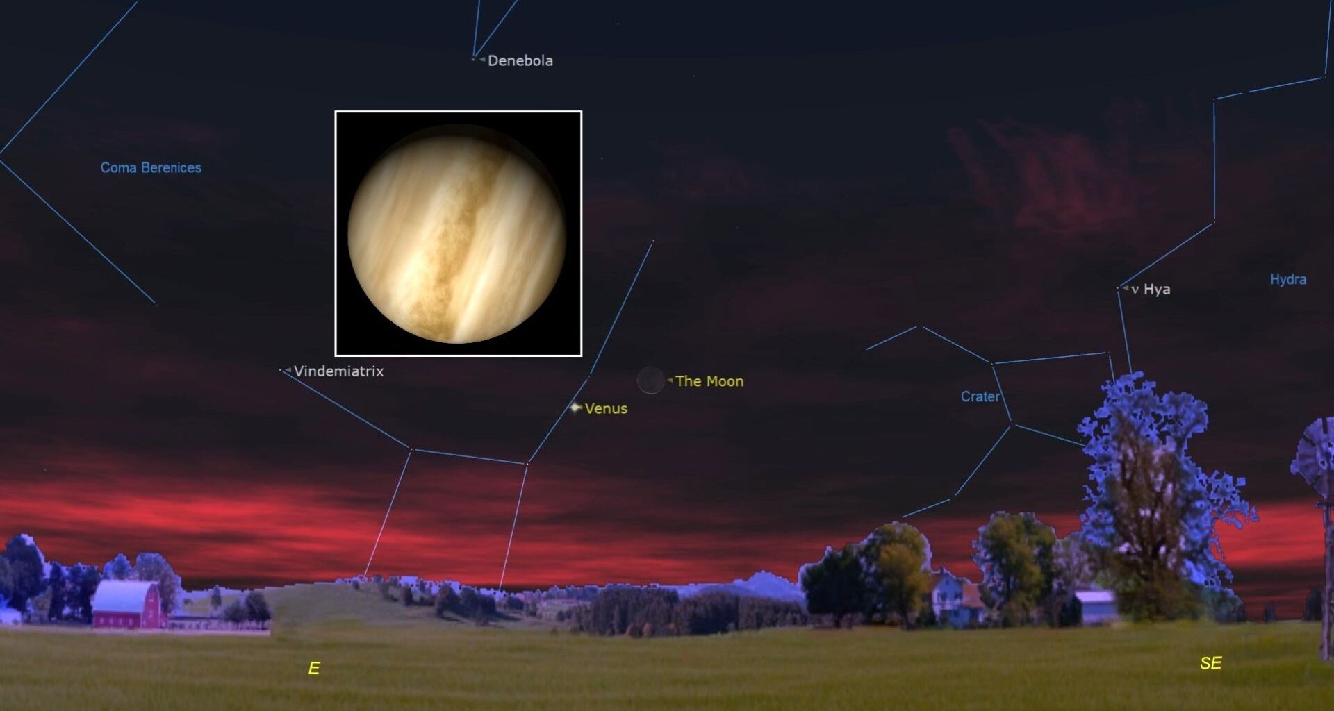 A night sky map with various constellations where in the center is a moon icon for the moon and slightly below to the left is a dot labeled Venus. Next to this is a large white box with a close up image of the planet Venus.
