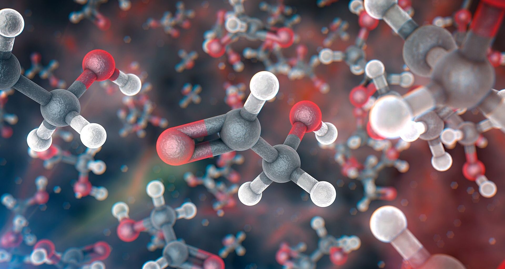 A series of black and white and red molecules floating in a colorful background