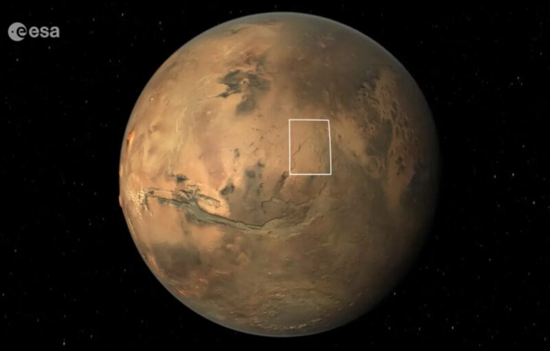 A view of Mars with a small white box indicating the location of the Xanthe Terra Region