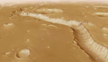 An aerial view of the Shalbatan Vallis, a channel that runs across the surface of Mars.