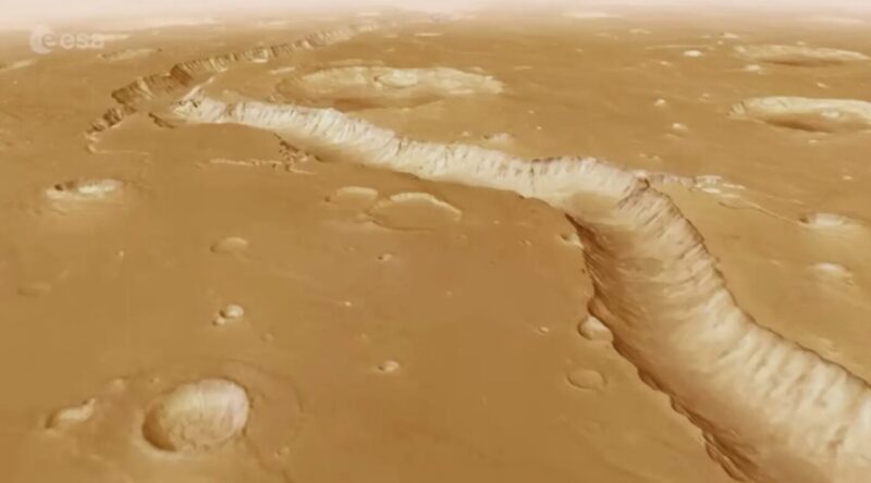 An aerial view of the Shalbatan Vallis, a channel that runs across the surface of Mars.