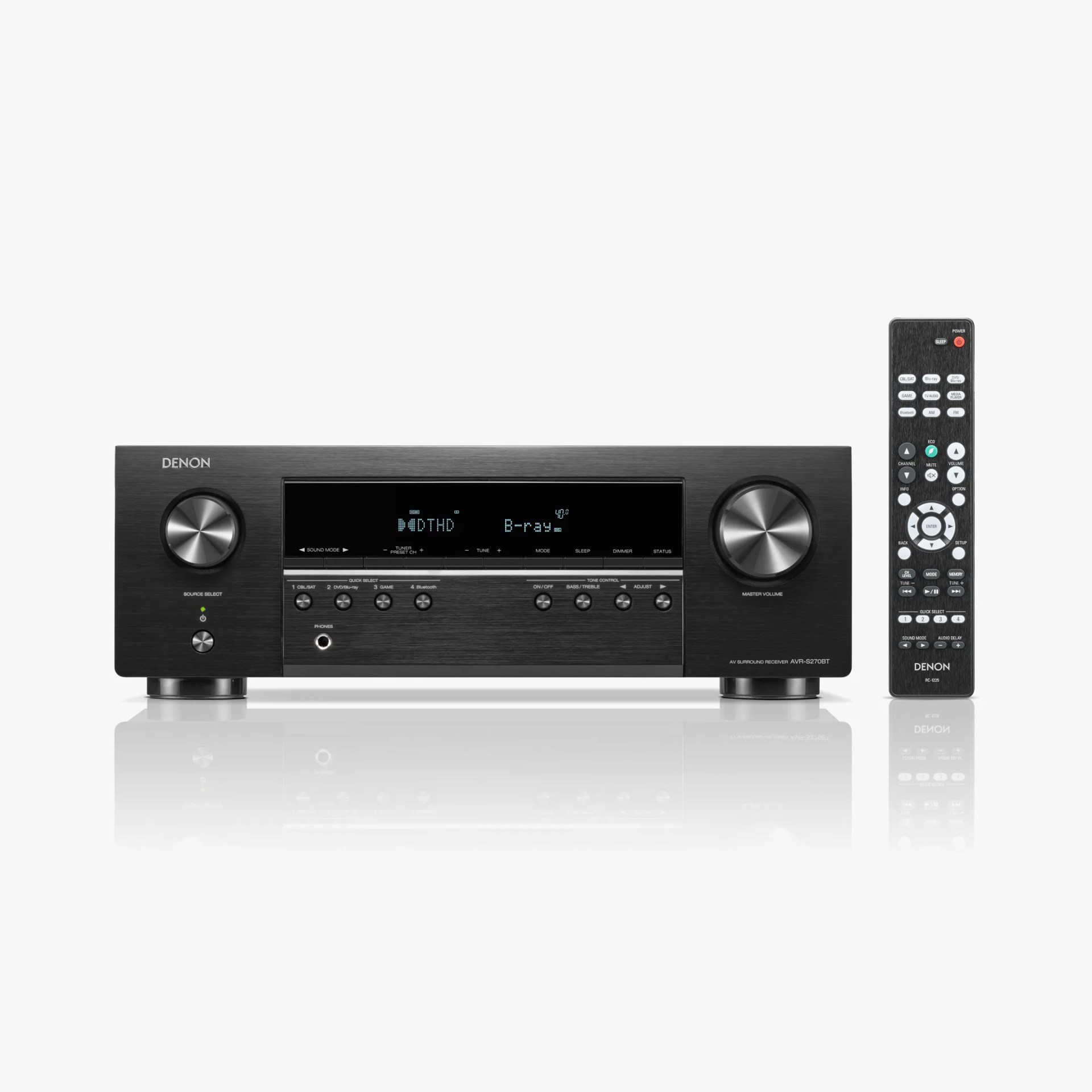Black Denon AV surround receiver with digital display and silver control knobs next to a matching remote control.