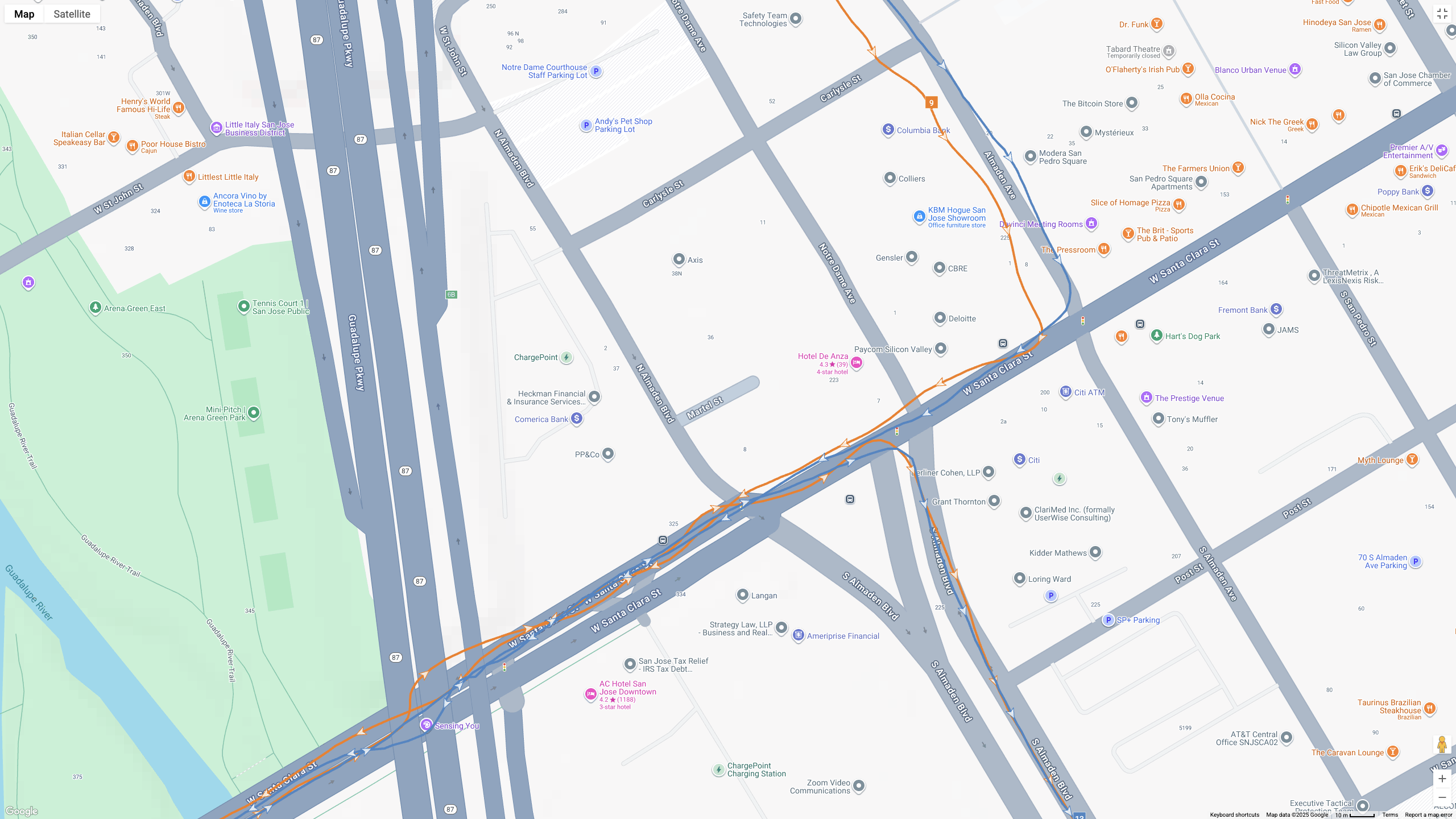 A GPS map showing how the Garmin Forerunner 970 (blue line) and Google Pixel Watch 4 (orange line) compare for a half-marathon test.