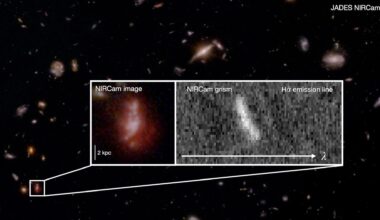 An image of many galaxies in outer space, with a zoomed-in inset on one galaxy showing a Near Infrared Camera image